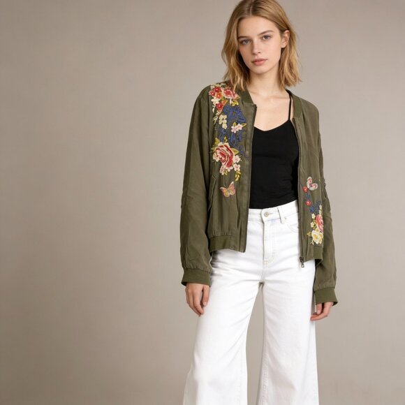 NWOT Johnny Was Green Bomber Jacket Silk Flower Embroidered Full Zip Size XXL